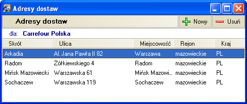 Wystawiając dokument handlowy bądź magazynowy użytkownik ma możliwość wybrania jednego z tych adresów jako adres Odbiorcy lub Dostawcy.