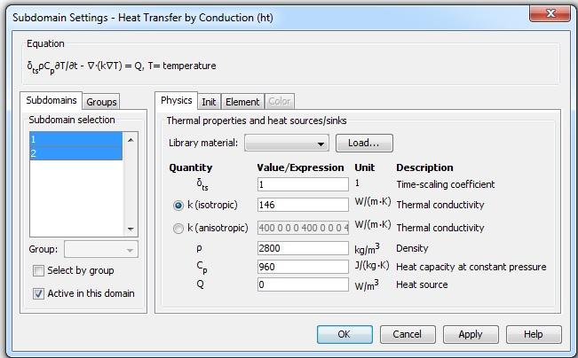 Równanie przewodnictwa ciepła wygenerowane w programie ma postać: gdzie: Przyjęliśmy, że tłok ma temperaturę początkową 293K.