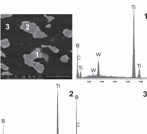 P. RUTKOWSKI, G. GÓRNY, SZ. GÓRA Rys. 6. Mikrostruktura i punktowa analiza EDS tworzywa B 4 C zawieraj cego 10% obj. TiB 2 zag szczonego metod SPS. Fig. 6. Microstructure and point EDS analysis of B 4 C material containing 10 vol.