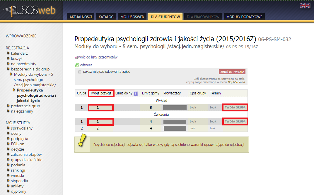 Koszyk W koszyku można sprawdzić szczegółowe informacje o efektach rejestracji w danej turze na wybrane moduły (Rys.