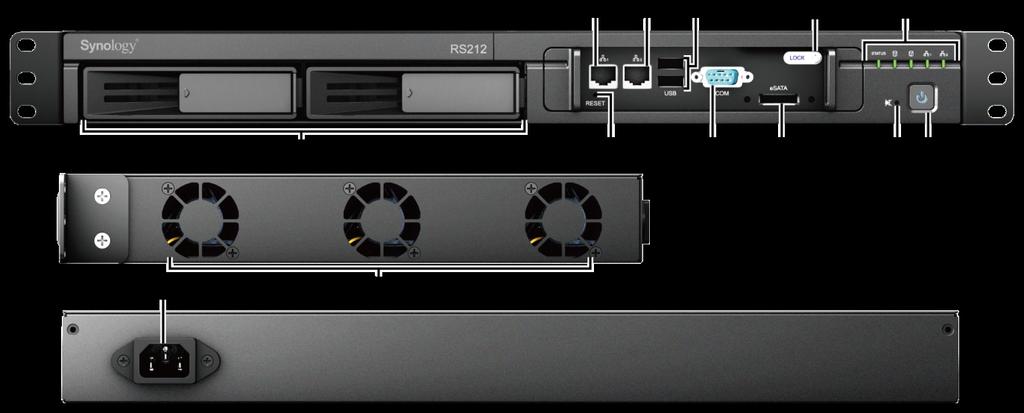 Widok Synology RackStation Lp. Element Lokalizacja Opis 1) Przycisk zasilania Panel przedni Przycisk zasilania służy do włączania i wyłączania serwera Synology RackStation.