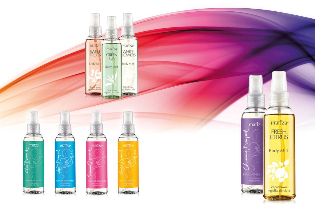 PERFUMOWANE MGIEŁKI DO CIAŁA OTUL CIAŁO PACHNĄCĄ MGIEŁKĄ 5 PERFUMOWANE MGIEŁKI DO CIAŁA ml 0,00/l 00 zł 06 Charming Bouquet 5 Urzekająca świeżymi nutami, lekka, kwiatowo-drzewna kompozycja.