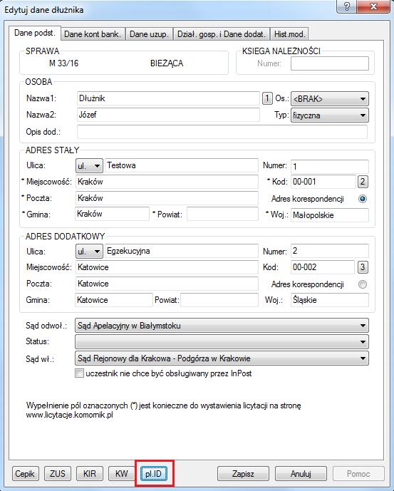 RYSUNEK 3. WIDOK OKNA EDYTUJ DANE DŁUŻNIKA PL.ID Po naciśnięciu przycisku pl.id 