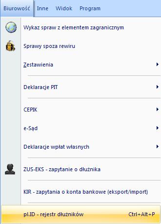 RYSUNEK 9. WIDOK LISTY BIUROWOŚĆ PL.ID REJESTR DŁUŻNIKÓW Z poziomu Zapytania pl.id również można wygenerować wniosek pl.