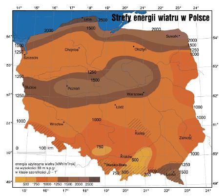 Rysunek 11. Strefy energii wiatru w Polsce wg H. Lorenc. Energia wiatru zależy również od warunków terenowych, tj. ukształtowania terenu i jego pokrycia.