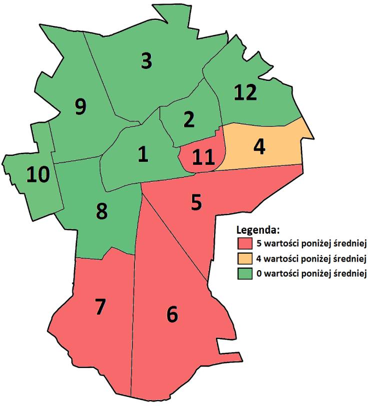 Mapa 8.Zdawalność egzaminu gimnazjalnego. Liczba przekroczeń względem średniej referencyjnej.