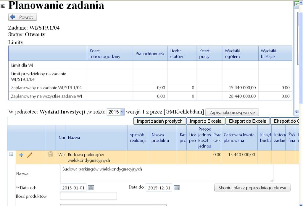 Rysunek 41 Planowanie zadania - kopiowanie planu zadania Plan możemy definiować od zera lub możemy skopiować plan z poprzedniego okresu i korzystając z możliwości edycji nadać mu odpowiedni kształt.