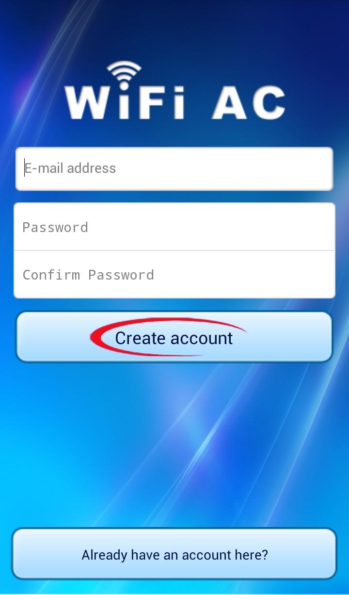 Kliknać Register for WiFi AC Wpisać swój adres E-mail, wprowadzić własne hasło i je potwierdzić. Następnie kliknąć "Create account".