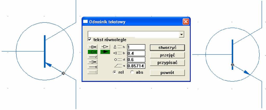 po czym usuwamy linie pomocnicze. kasowanie => wyczyść Określany typ tranzystora(rysujemy strzałkę). Menu odnośników => odnośnik powrót - P p-n-p n-p-n Dodajemy końcówki.