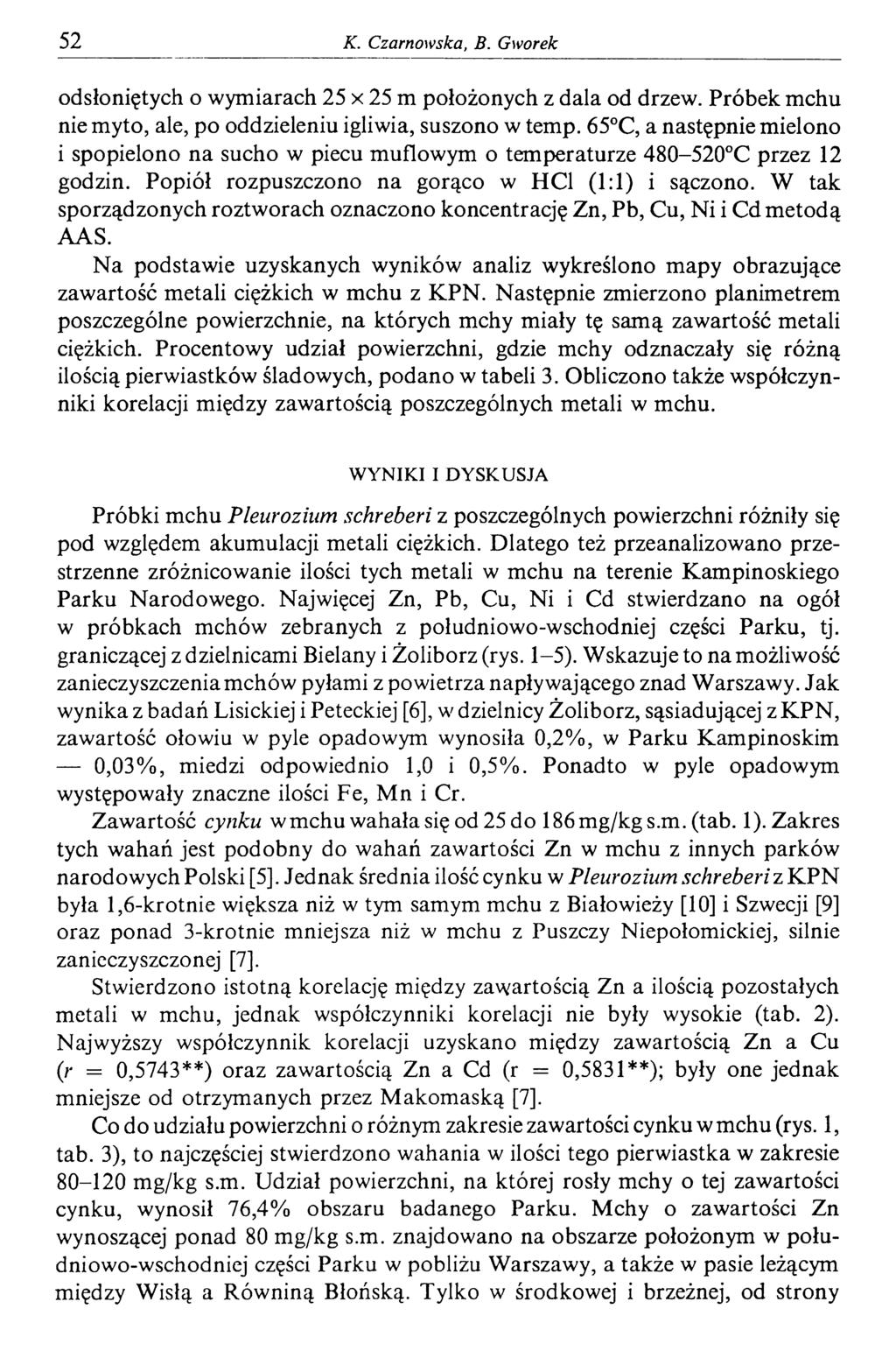 52 К. Czarnowska, В. Gworek odsłoniętych o wymiarach 25 х 25 m położonych z dala od drzew. Próbek mchu nie myto, ale, po oddzieleniu igliwia, suszono w temp.