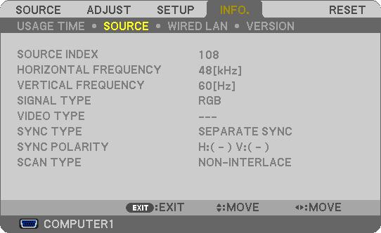5. Obsługa menu ekranowego [SOURCE] (źródło sygnału) SOURCE INDEX indeks źródła sygnału HORIZONTAL FREQUENCY częstotliwość pozioma VERTICAL FREQUENCY częstotliwość pionowa SIGNAL TYPE typ sygnału