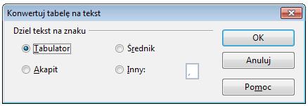 - jako znak podziału wybieramy Tabulator: (uwaga: jeśli komórki tabeli zawierają tabulatory, zostaną podzielone - należy wówczas zastosować