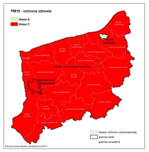 Pył zawieszony PM10 W wyniku rocznej oceny jakości powietrza za 2010 rok, strefa zachodniopomorska otrzymała klasę C ze względu na przekroczenie poziomu dopuszczalnego przez 24-godzinne stężenia pyłu