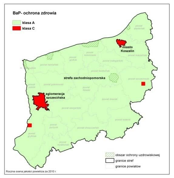Mapa I.1.7.a. Klasyfikacja stref województwa zachodniopomorskiego za 2010 rok z uwzględnieniem parametru kryterialnego określonego dla B(a)P pod kątem ochrony zdrowia Mapa I.1.7.b.