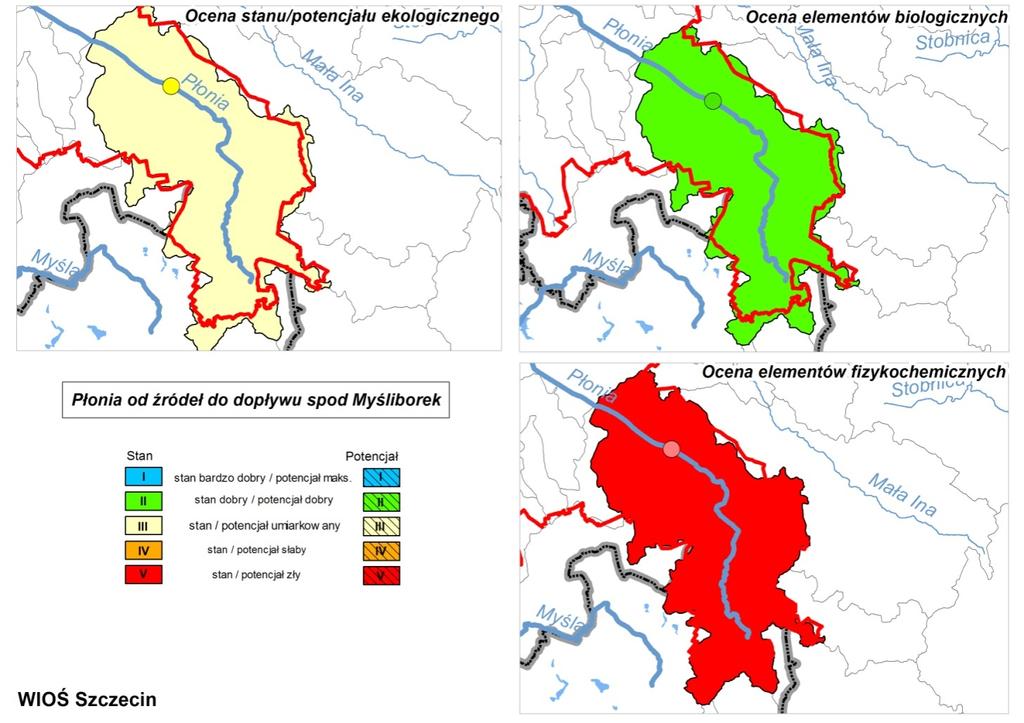 Mapa I.2.2. Wyniki oceny stanu ekologicznego w punktach pomiarowo-kontrolnych i JCW badanych w 2010 roku.