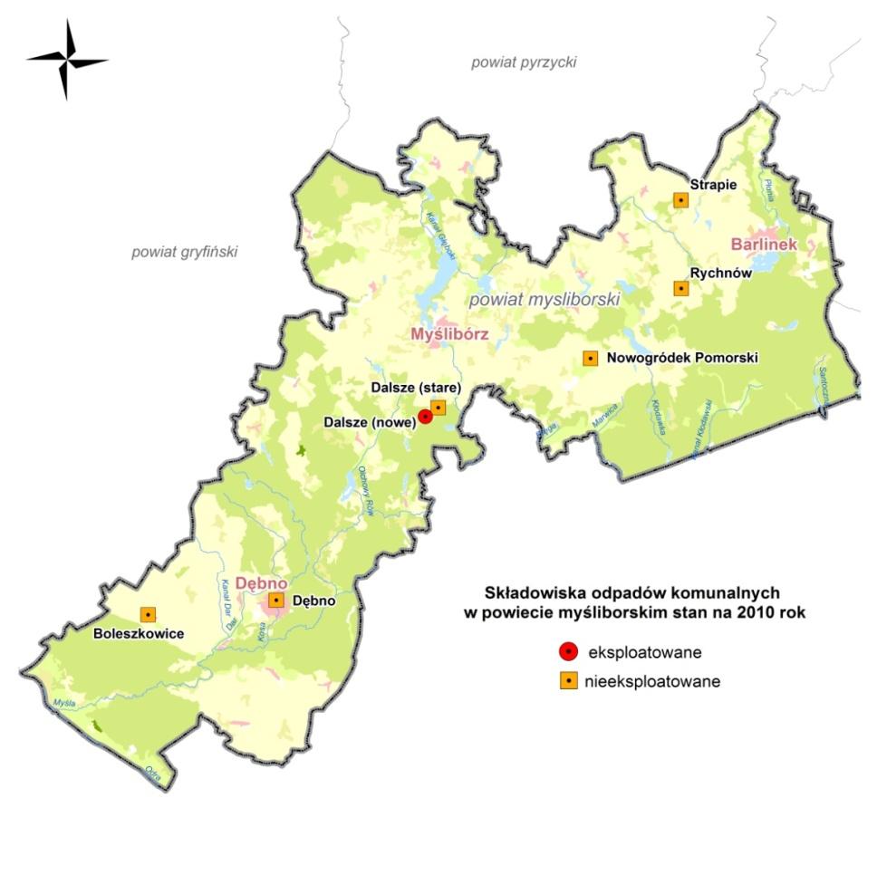 Mapa I.6.1. Składowiska odpadów komunalnych w powiecie myśliborskim stan na 31.12.2010 r. Zbiórka odpadów na terenie gmin jest zorganizowana.