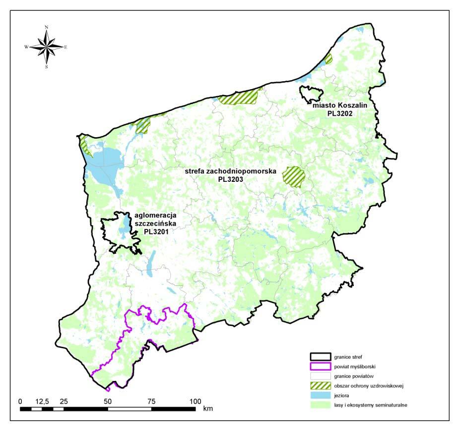 Mapa I.1.1. Podział województwa zachodniopomorskiego na strefy dla celów oceny jakości powietrza za 2010 r.