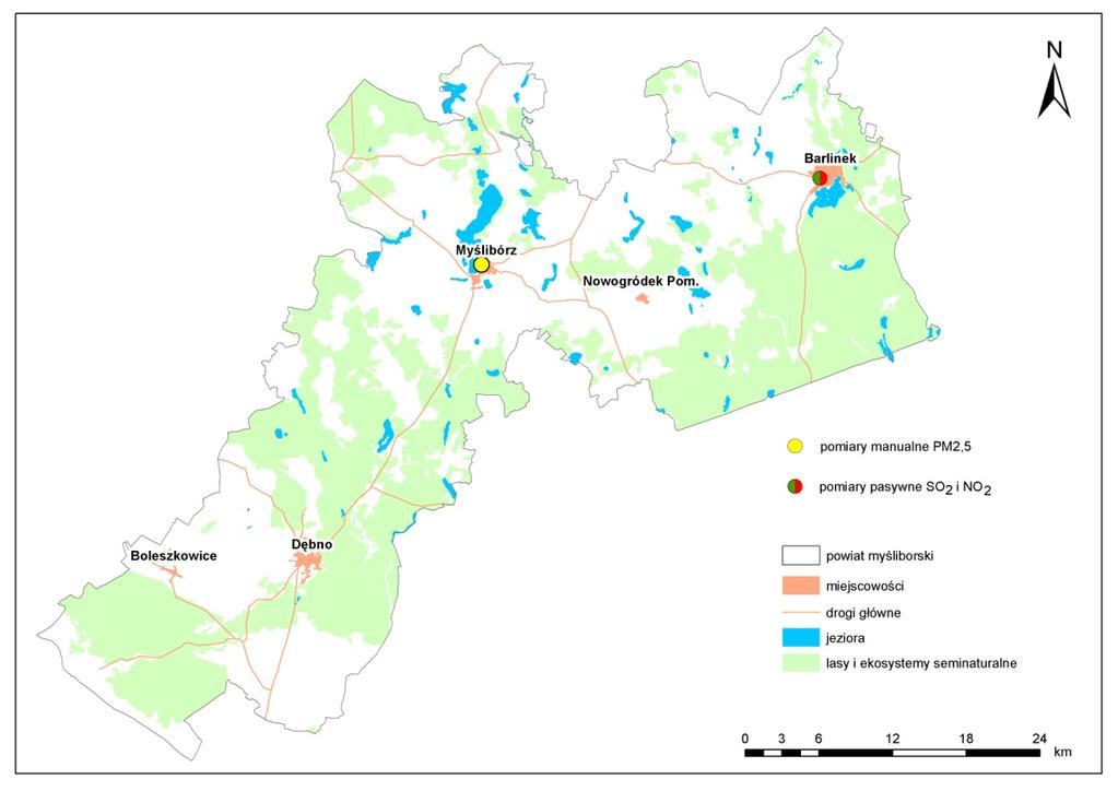 Mapa I.1.2. Lokalizacja punktów pomiarowych zanieczyszczeń powietrza w powiecie myśliborskim w 2010 roku Emisja zanieczyszczeń do powietrza Przeprowadzona w 2010 r.