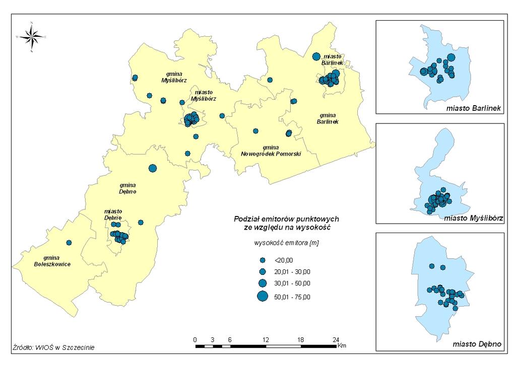 Poniższa mapa przedstawia lokalizację emitorów punktowych na terenie powiatu myśliborskiego. Mapa I.1.