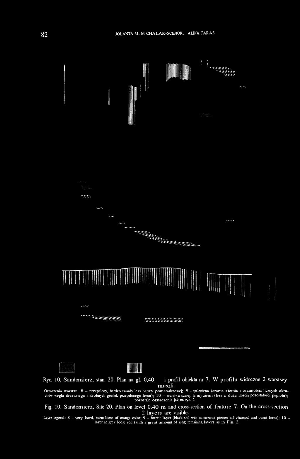 warstwa szarej, luźnej ziemi (less z dużą ilością pozostałości popiołu); pozostałe oznaczenia jak na ryc. 2. Fig. 10. Sandomierz, Site 20. Plan on level 0.40 m and cross-section of feature 7.