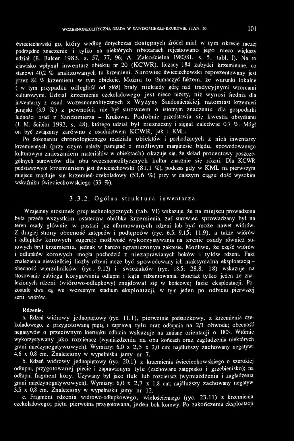 Balcer 1983, s. 57, 77, 96; A. Zakościelna 1980/81, s. 5, tabl. I). Na to zjawisko wpłynął inwentarz obiektu nr 20 (KCWR), liczący 184 zabytki krzemienne, co stanowi 40,2 % analizowanych tu krzemieni.