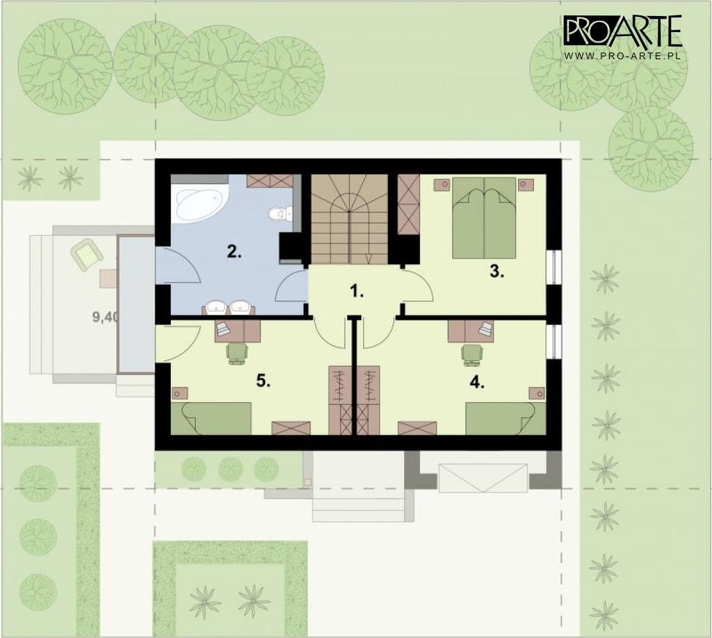 Rzut poddasza: Zestawienie powierzchni: 46,85 m2 / 66,89 m2 1. komunikacja 5,52 m2 / 6,72 m2 2.