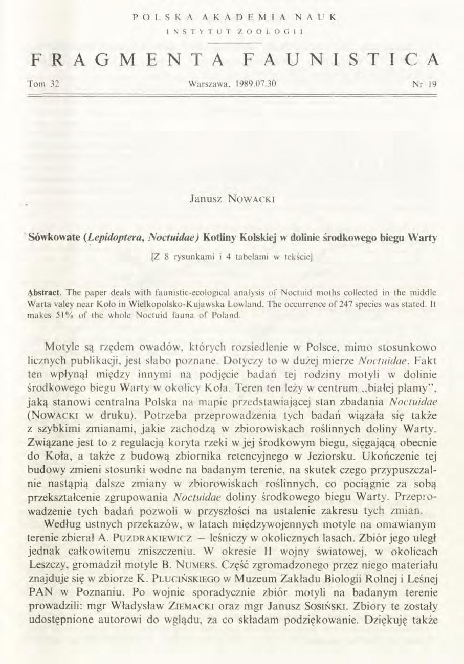 P O L S K A A K A D E M I A N A U K I N S T Y T U T F R A G M E N T A Z O O L O G I I F A U N I S T I C A Tom 32 W arszawa, 1989.07.