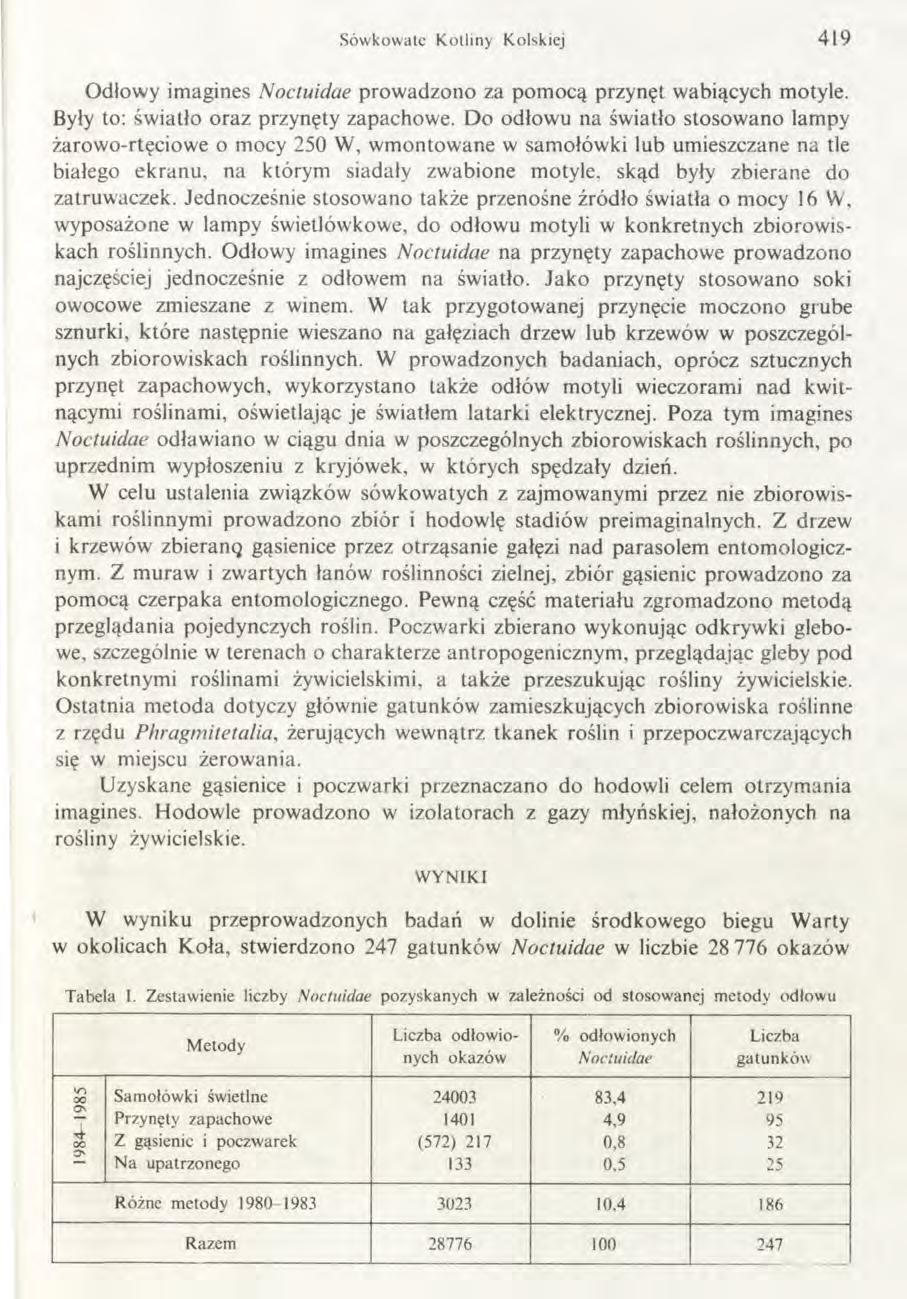 Sów kowate Kotliny Kolskiej 419 Odłowy imagines Noctuidae prow adzono za pom ocą przynęt wabiących motyle. Były to: światło oraz przynęty zapachowe.