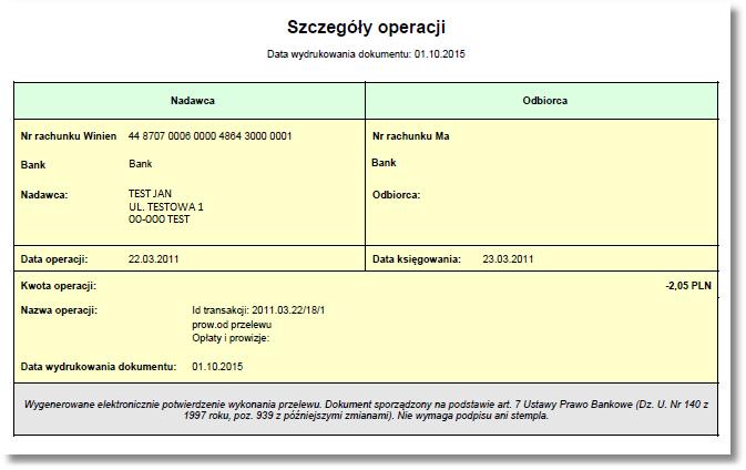 Rozdział 10 Wyciągi z rachunków Po wybraniu przycisku generowany jest plik PDF o nazwie pdfdoc.pdf zawierający szczegóły wybranej operacji. Przykładowa zawartość pliku pdfdoc.