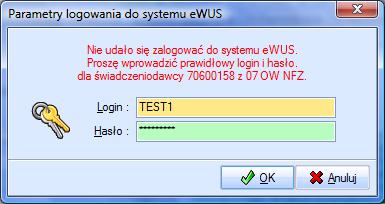 Ryc.2. Problem logowania do systemu ewuś. Po każdym użyciu przycisku Spr. ubezp. zostanie wyświetlone okno z informacją o otrzymanym statusie uprawnień.