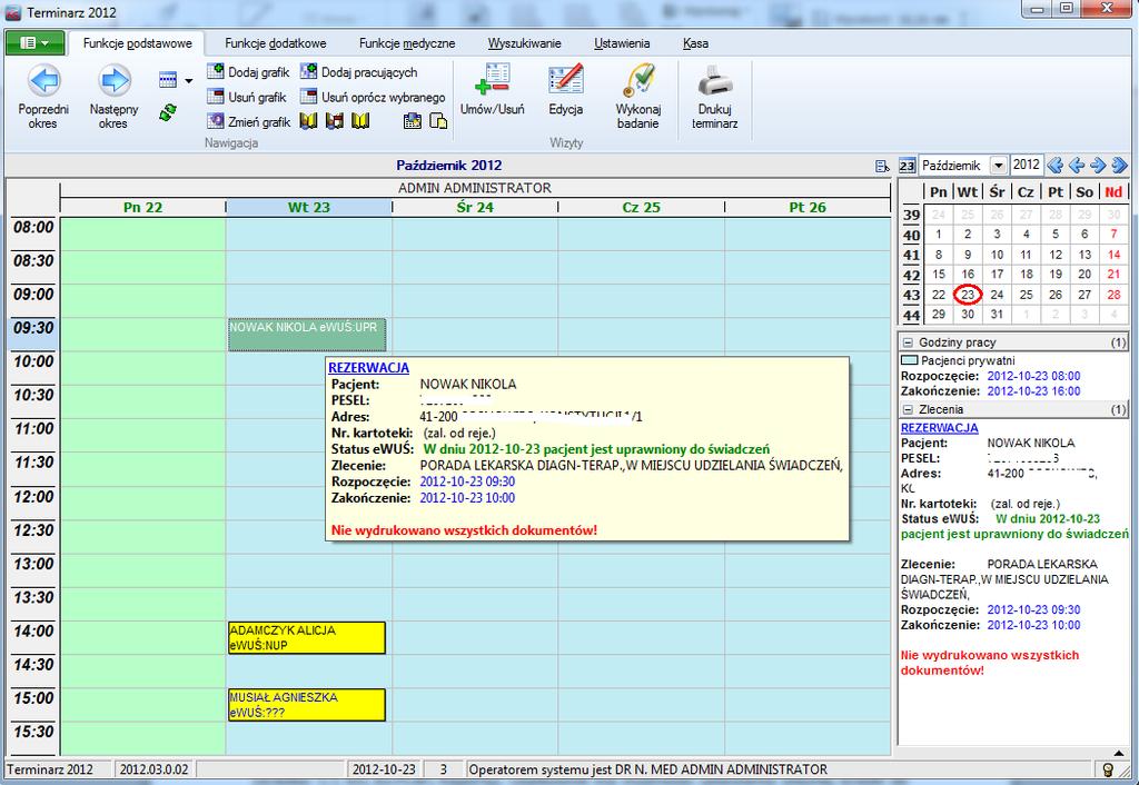 Ryc.10. Informacje o statusie uprawnienia pacjenta wyświetlane w module Terminarz.