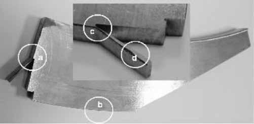 Wycinek kołpaka z zaznaczonymi strefami struktur (b rys. 8, a rys, 9) Fig. 7. A part of cap with signed structure areas (b fig. 8, a fig, 9) przedstawiono w tablicy III.