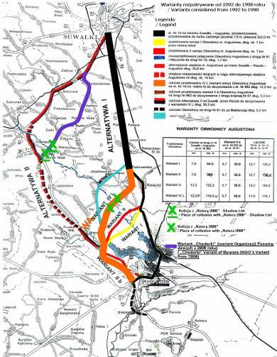 Obwodnica Augustowa alternatywy Wariant Organizacji Pozarządowych zgłoszony w 2006 roku na tle wariantów rozpatrywanych przez Inwestora (GDDKiA) w latach