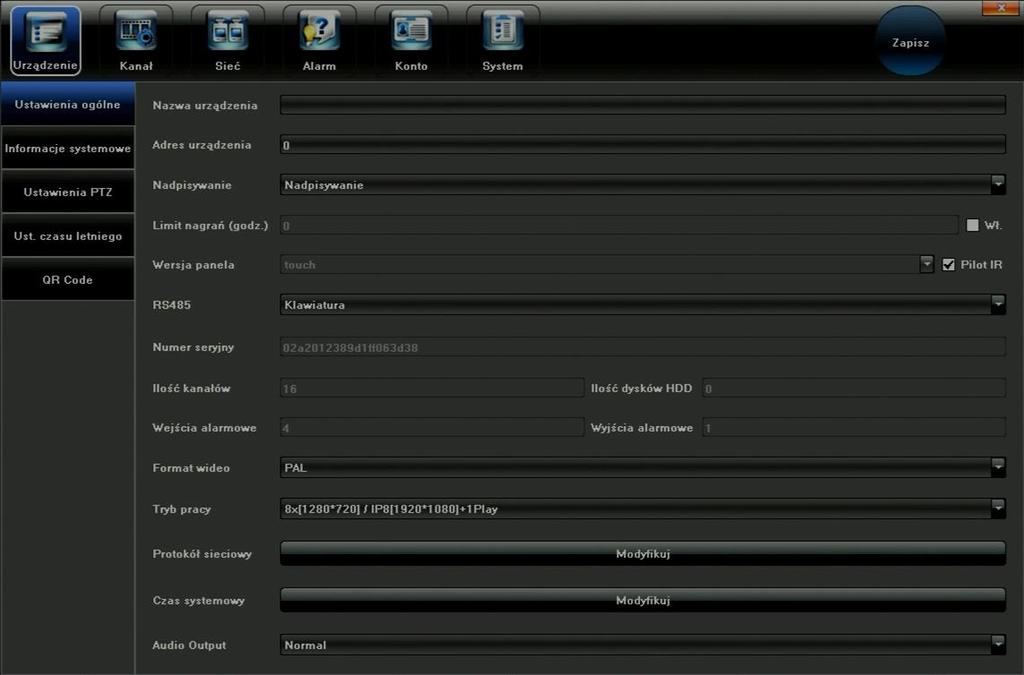 Wyświetlane parametry: Nazwa urządzenia Adres urządzenia Numer ID rejestratora Nadpisywanie Wybór działania po zapełnieniu dysku RS485: Typ portu RS485: Klawiatura / PTZ Numer seryjny Ilość kanałów