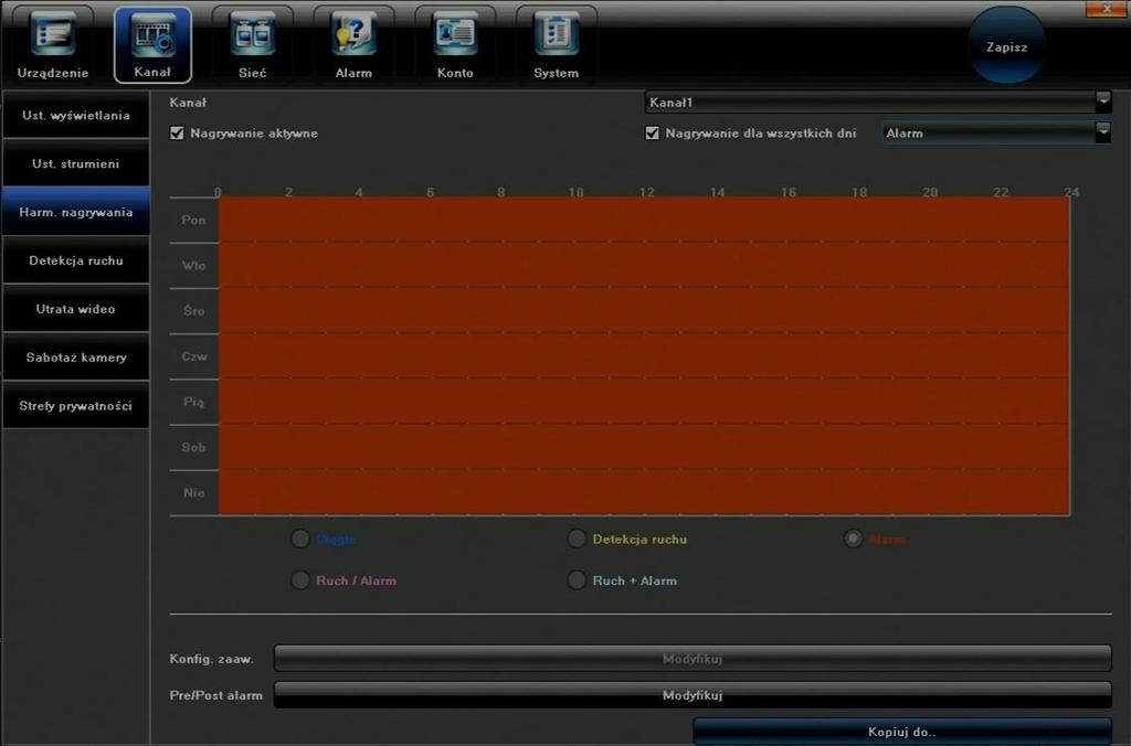 Wybierz odpowiedni kanał wideo, aby modyfikować jego parametry: Kanał Nr kanału wideo Nagrywanie aktywne Załącz możliwość zapisu w jednym z dostępnych trybów: Ciągłe Detekcja ruchu Alarm Ruch / Alarm