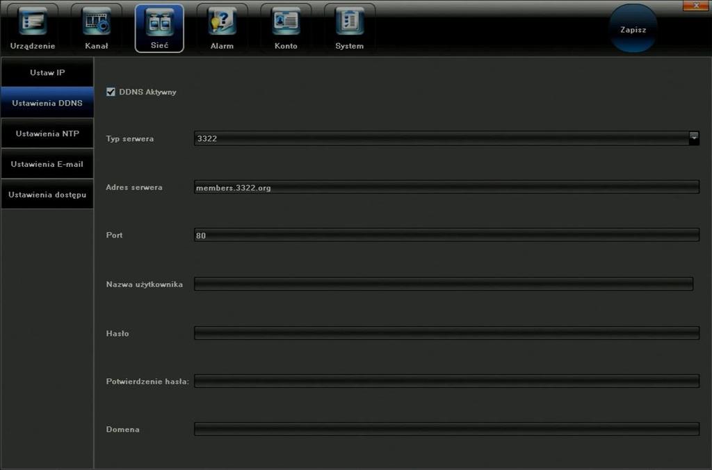 5.3.2 Ustawienia DDNS W przypadku braku stałego adresu IP, rejestrator umożliwia korzystanie z serwisów DDNS.