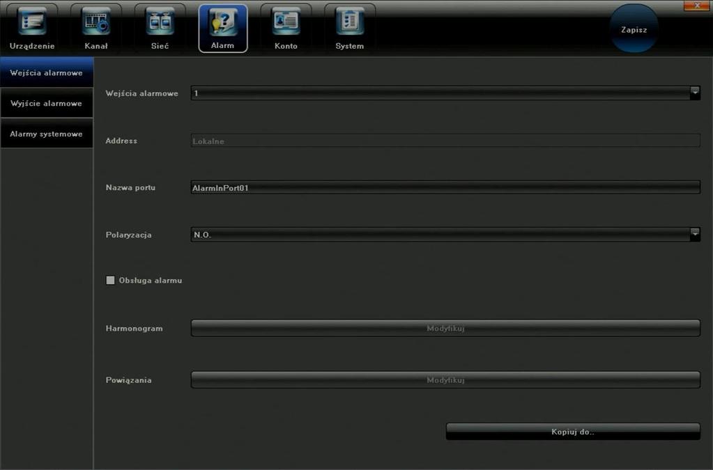 Wybierz odpowiednie wejście alarmowe, aby modyfikować jego parametry: Wejścia alarmowe numer wejścia, Address pole niekonfigurowalne Nazwa portu nazwa alarmu, Polaryzacja