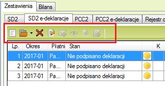 Pasek narzędzi do deklaracji podatkowych - nowa deklaracja podatkowa - otwórz deklarację XML - usuń deklarację - podpisz deklarację - wyślij ( aktywne tylko gdy deklaracja jest podpisana i