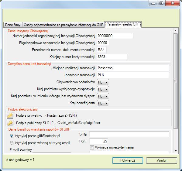 Parametry GIIF określa szczegółowe parametru rejestru do GIIF. Uwaga standardowe parametry pozwalają na prawidłowe rozpoczęcie pracy z rejestrem.