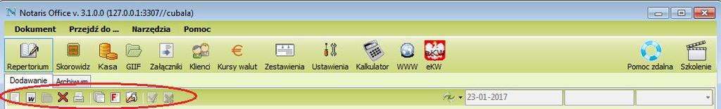 Pasek narzędzi Rysunek 4 Funkcje prezentowane są w formie ikon uwidocznionych na pasku narzędzi w górnej części zakładki. Nowa czynność umożliwia wprowadzanie nowej czynności notarialnej danych.