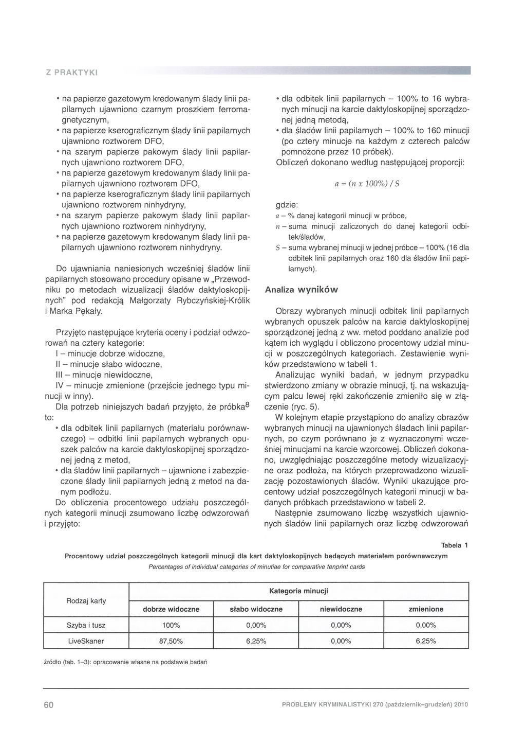 na papierze gazetowym kredowanym ślady linii papilarnych ujawniono czarnym proszkiem ferromagnetycznym, na papierze kserograficznym ślady linii papilarnych ujawniono roztworem DFO, na szarym papierze