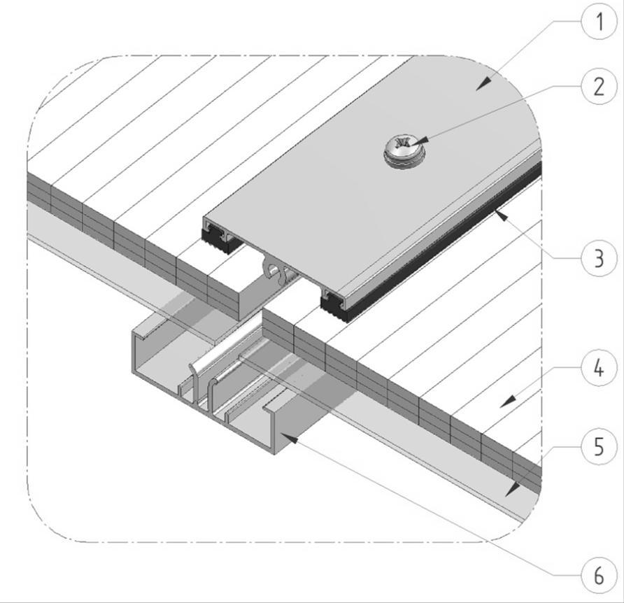 Rys. 7. Budowa wypełnienia kopuły pasma lub świetlika systemu mcr-prolight w klasia B ROOF(t1). 1. Profil dociskowy 2. Wkręt dociskowy z uszczelką 3. Uszczelka profilu dociskowego 4.