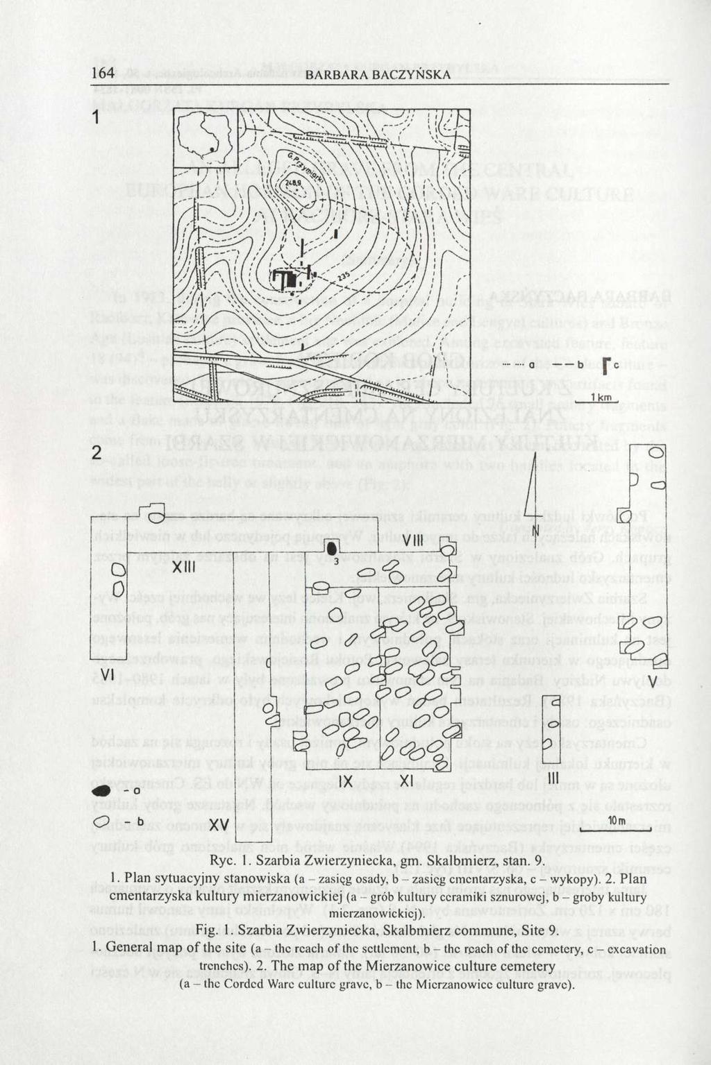 164 BARBARA BACZYŃSKA Ryc. 1. Szarbia Zwierzyniecka, gm. Skalbmierz, stan. 9. 1. Plan sytuacyjny stanowiska (a - zasięg osady, b - zasięg cmentarzyska, c - wykopy). 2.