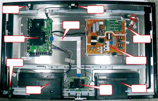 TV LED Samsung rocznik 2014 seria H8000 Modu³ Bluetooth Modu³ Wi-Fi Kable LVDS P³yta g³ówna Kable panelu Jog Shuttle P³yta zasilacza SMPS G³oœnik (P) T-CON G³oœnik (L) Przyciski 1. i 2.