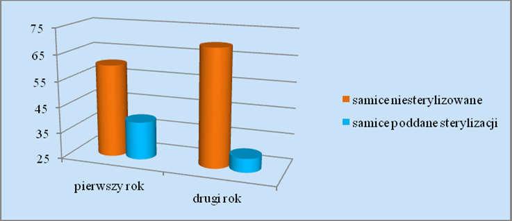 pierwszy rok first year, drugi rok second year, samice niesterylizowane non-sterilized females, samice poddane sterylizacji sterilized females Wykres 5.