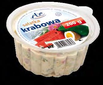 Sałatka krabowa 200g, 1000g Skład: paluszki krabowe, jajka, ogórek świeży, koperek, majonez, jogurt, przyprawy Sałatka ziemniaczana