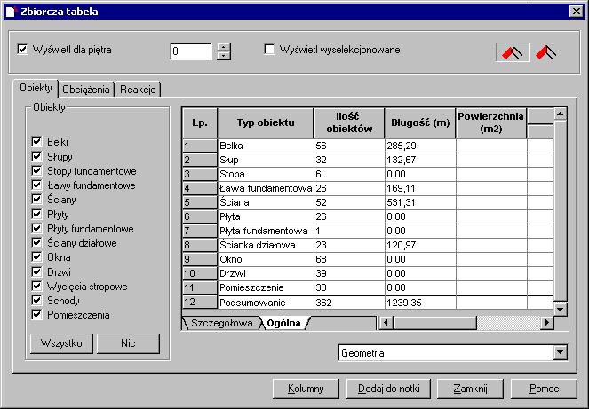 Autodesk Concrete Building Structures 2009 - Podręcznik użytkownika strona: 65 UWAGA: W obecnej wersji programu istnieje możliwość zmiany wymiarów okna dialogowego Zbiorcza tabela zarówno w pionie