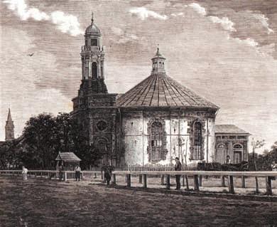 Widok kościoła zamieszczony w 1882 r. w Tygodniku Powszechnym, rys. E.