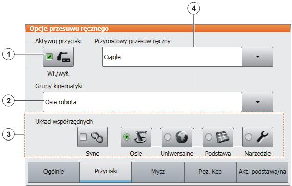 4 Obsługa 4.12.1.2 Zakładka "Przyciski" Rys. 4-14: Zakładka Przyciski Poz. 1 Aktywacja rodzaju przesuwu "Przyciski ruchu" (>>> 4.12.2 "Aktywacja rodzaju przesuwu" Strona 65) 2 Wybrać grupę kinematyki.