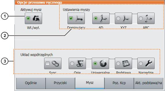 4.12.1.3 Zakładka "Mysz" Rys. 4-15: Zakładka Mysz Poz. 1 Aktywacja rodzaju przesuwu "SpaceMouse" (>>> 4.12.2 "Aktywacja rodzaju przesuwu" Strona 65) 2 Konfiguracja SpaceMouse (>>> 4.